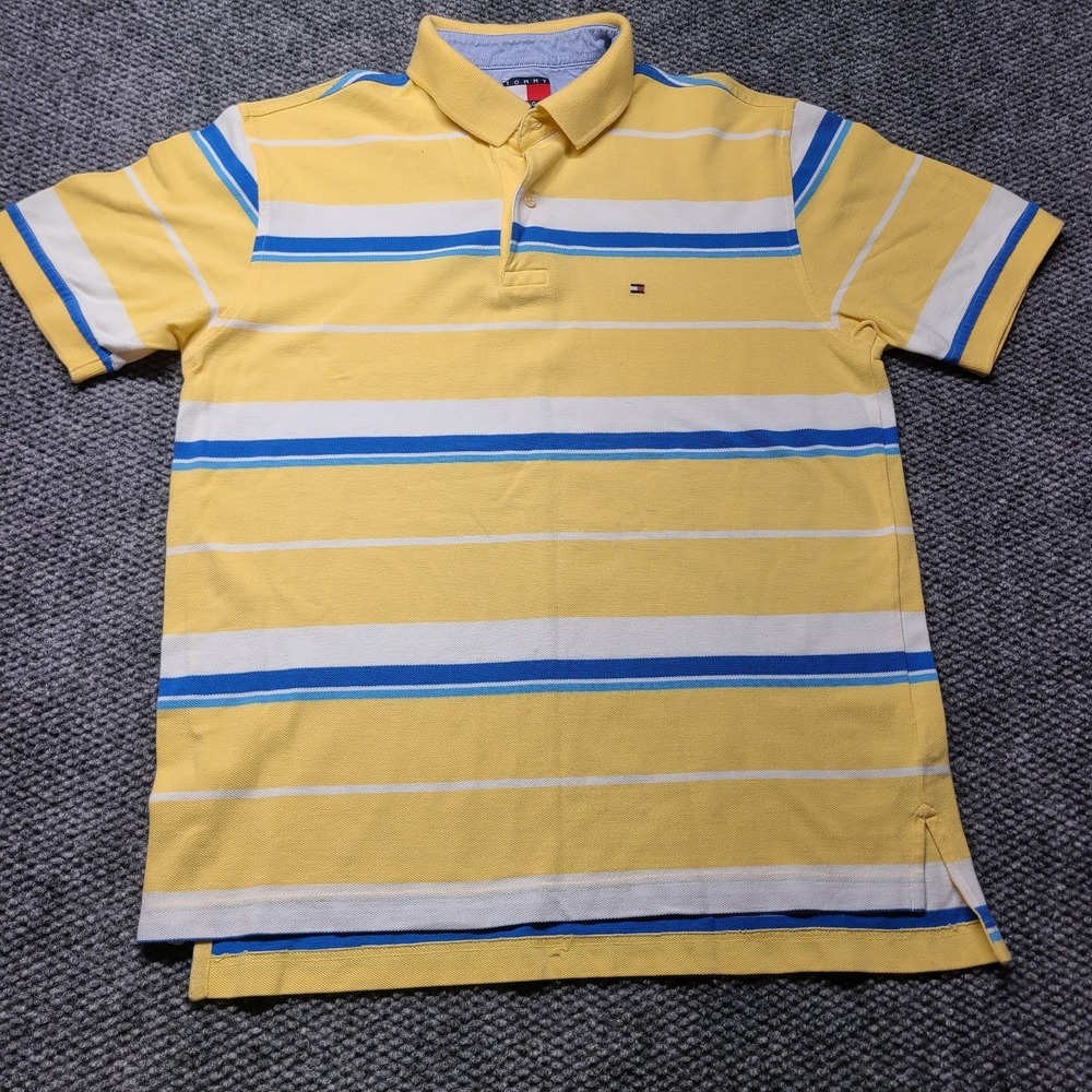 Y2k Tommy Hilfiger Polo Shirt Mens Medium Yellow Striped Cotton Performance